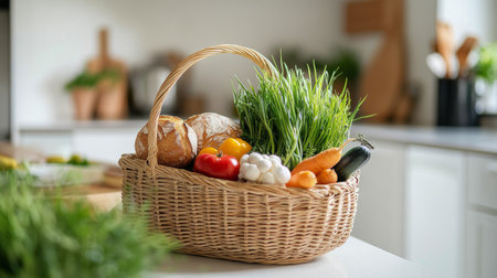 A woven basket filled with vibrant vegetables and fresh herbs sits on a tidily arranged kitchen countertop. Bright colors include tomatoes, carrots, and zucchini, showing healthy cooking options.の素材