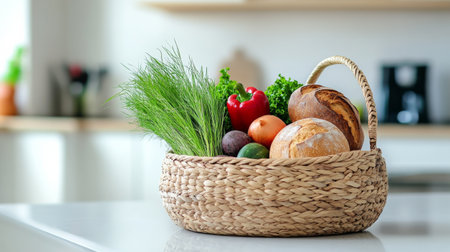 A woven basket filled with vibrant vegetables and fresh herbs sits on a tidily arranged kitchen countertop. Bright colors include tomatoes, carrots, and zucchini, showing healthy cooking options.の素材
