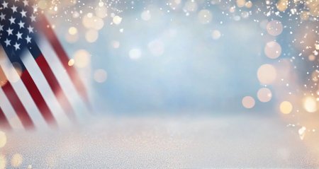 The American flag stands prominently with its vibrant colors, gently waving in the air. A soft, blurred background evokes a peaceful, wintry atmosphere, enhancing the scenes tranquility.の素材