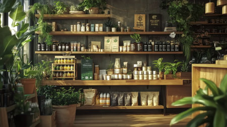 Inside a cozy natural products store, shelves are filled with jars and bags of herbal items. Plants decorate the space, creating a calming atmosphere for customers browsing for wellness products.の素材