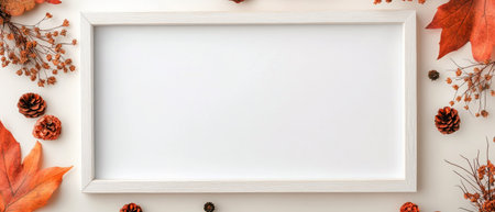 A white decorative frame is placed in the center, surrounded by orange leaves, pine cones, and dried flowers. The arrangement evokes a warm autumn atmosphere, ideal for seasonal decor.の素材