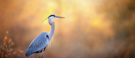 A great blue heron stands gracefully in a field covered with orange and yellow fallen leaves. The soft golden light of early morning enhances the tranquil atmosphere.の素材
