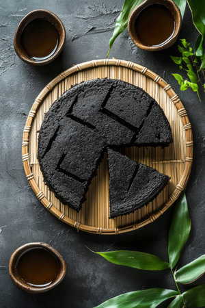 A round, dark dessert is displayed on a woven platter, featuring three distinct slices. Surrounding the dessert are fresh green leaves and small traditional cups, creating an inviting presentation.の素材