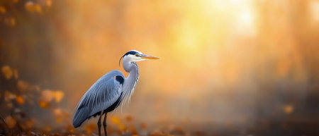 A great blue heron stands gracefully in a field covered with orange and yellow fallen leaves. The soft golden light of early morning enhances the tranquil atmosphere.の素材