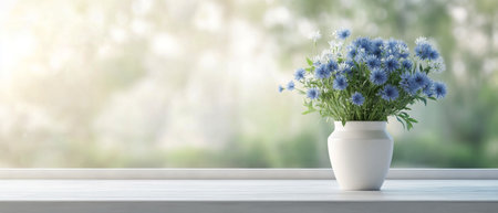 A white vase holds a cluster of blue flowers, resting on a bright windowsill. The backdrop features a soft, blurred greenery, creating a peaceful atmosphere suitable for relaxation.の素材