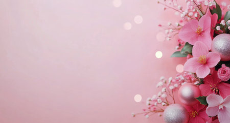 Pink flowers, delicate branches, and shiny ornaments create a vibrant decoration. The soft pastel background enhances the festive atmosphere, perfect for celebrations or events.の素材