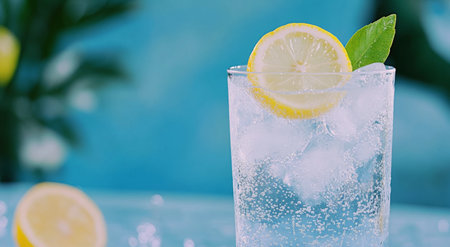 A tall glass filled with sparkling water, ice cubes, and fresh lemon slices garnished with mint leaves sits on a table. Bright colors enhance the refreshing look of the drink.の素材