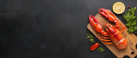 A vibrant display of a freshly cooked lobster arranged on a wooden cutting board. The seafood is accompanied by lemon slices and fresh herbs, creating an appetizing presentation.の素材
