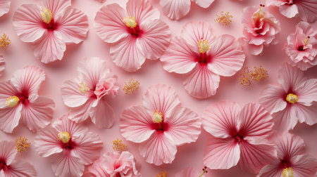 Various pink hibiscus flowers are artistically arranged on a soft pink surface. The vibrant hues and delicate petals create a visually stunning and calming effect, embodying springtime beauty.の素材