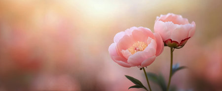 A delicate pink flower opens its petals in a vibrant garden. Soft sunlight filters through, highlighting the intricate layers and colors against a blurred background of greenery and blooms.の素材