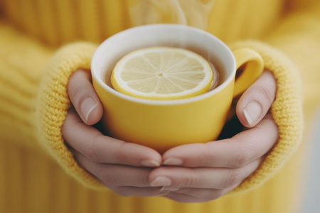Hands holding a steaming yellow mug filled with hot beverage and a lemon slice. The background hints at a chilly winter atmosphere, enhancing the cozy feel of the moment.の素材