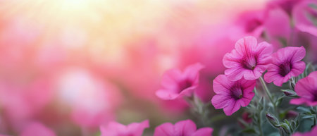 Vibrant pink flowers bloom in a garden, enhancing the colorful landscape under bright daylight. The delicate petals catch the sunlight, creating a stunning visual effect.の素材