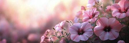 Vibrant pink flowers thrive in a lush garden, soaking up the warm sunlight. The spring afternoon casts a soft glow, highlighting the freshness and beauty of nature.の素材