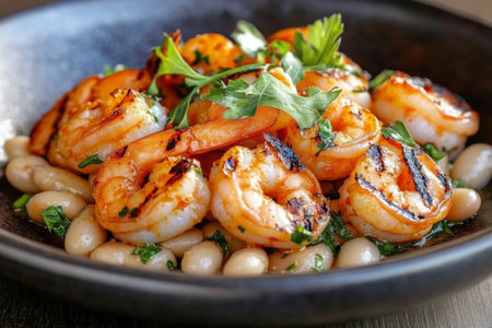 Succulent grilled shrimp seasoned with spices rest atop a bed of tender white beans, garnished with fresh herbs. This dish is expertly presented in a rustic clay dish, perfect for outdoor dining.の素材