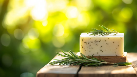 A handmade soap bar made with herbs sits on a rustic wooden surface. Fresh rosemary branches are nearby, illuminated by soft sunlight in the background, creating a serene atmosphere.の素材