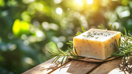 A handmade soap bar made with herbs sits on a rustic wooden surface. Fresh rosemary branches are nearby, illuminated by soft sunlight in the background, creating a serene atmosphere.の素材