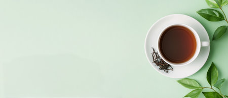 A white cup filled with steaming hot tea rests on a saucer against a light green backdrop, accompanied by a few fresh leaves. The warm beverage offers a calming aesthetic.の素材