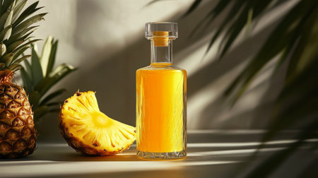 A clear glass bottle filled with a vibrant yellow drink sits next to a sliced pineapple. Sunlight casts soft shadows on the table, enhancing the refreshing appearance of the scene.の素材