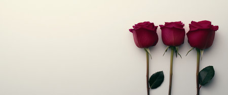 Three stunning red roses lie side by side on a soft white surface, highlighting their rich colors and delicate leaves.の素材