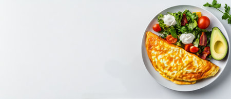 A vibrant vegetable omelet sits on a white plate alongside a fresh salad of leafy greens, cherry tomatoes, and creamy avocado, creating a healthy and appetizing meal.の素材