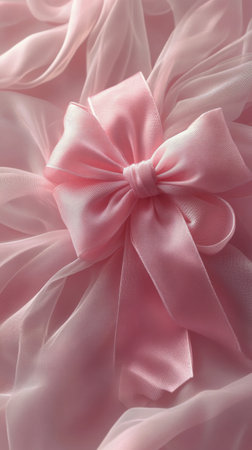 A soft pink satin bow adorns sheer fabric, creating a charming and elegant focal point. The delicate folds of the fabric enhance the overall gentle and inviting atmosphere.の素材