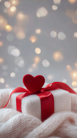 A beautifully wrapped gift sits on a soft white knit blanket. It features a red satin heart and is accentuated by warm fairy lights creating a cozy and inviting atmosphere perfect for celebrations.の素材