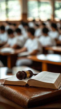 A bright classroom features several students engaged in study, with a wooden gavel and legal texts in the foreground, emphasizing a serious atmosphere for learning about law.の素材
