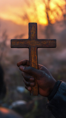 A hand firmly grasps a rustic wooden cross, illuminated by the warm hues of an evening sky. The background features a stunning blend of pink, orange, and purple tones, creating a serene atmosphere.の素材