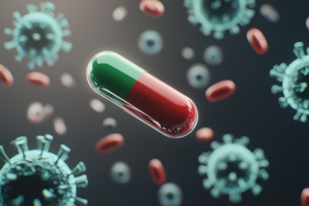 A large, colorful capsule is shown floating in a dark space filled with detailed virus particles. The capsule features red and green colors, symbolizing medicine and health.の素材