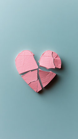 A heart shaped decoration in pastel pink lies cracked on a smooth light blue surface, symbolizing feelings of heartbreak or loss, evoking emotions of sadness and nostalgia.の素材