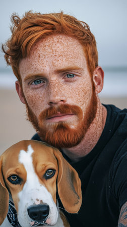 A man with a thick red beard and striking freckles looks directly at the camera while holding a beagle dog close to him. They are in a serene outdoor environment with muted colors.の素材