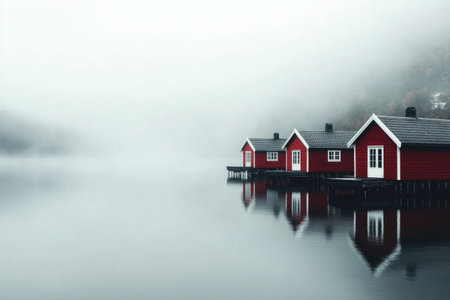 Red wooden cabins sit on stilts above serene water, perfectly mirrored as mist envelopes the landscape at dawn. The stillness creates a peaceful atmosphere in this remote location.の素材