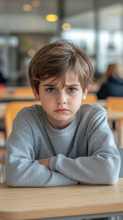 A young boy sits at a desk in a classroom, arms crossed and a serious expression on his face. Other students are blurred in the background, focusing on their tasks.の素材