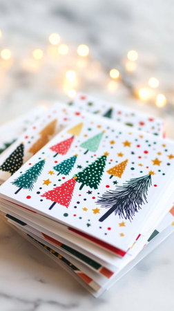 A collection of vibrant holiday greeting cards is stacked on a surface, showcasing illustrated trees and stars in a joyful, winter themed design, perfect for spreading seasonal cheer.の素材