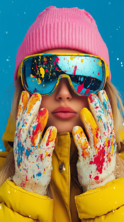 A woman wearing a pink beanie and bright sunglasses poses with her hands covered in colorful paint. She stands against a blue background, embodying a playful winter spirit.の素材