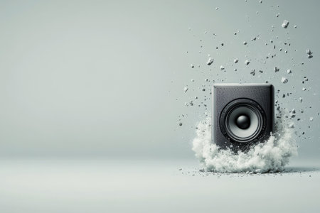 A dynamic moment captures a loudspeaker creating a wave of energy, causing dust and debris to scatter dramatically on a smooth surface. The powerful sound creates a visual impact.の素材