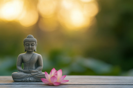 Two detailed Buddha statues sit peacefully on a wooden surface, surrounded by blooming lotus flowers in a lush garden. The atmosphere is calm and reflective, enhancing the spiritual ambiance.の素材