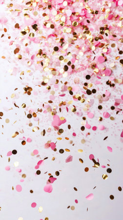 Delicate pink petals and shimmering gold flakes cascade downward in a beautiful display. The vibrant contrast creates a festive and lively atmosphere, suitable for celebrations.の素材