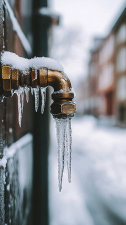 A faucet covered in ice shows large icicles hanging down. Snow blankets the ground, while a residential street with parked cars is visible in the background during winter.の素材