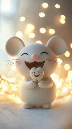 A cheerful cartoon mouse with large ears and a big smile holds a small heart. The soft lighting creates a warm atmosphere, enhancing the joyous vibe of the moment.の素材