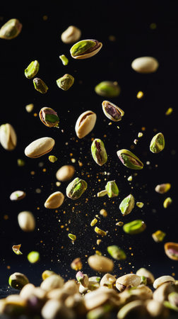 A group of pistachios is artistically falling through the air, showcasing their vibrant green hue and textured shells. The black backdrop enhances the visual appeal of these tasty nuts.の素材