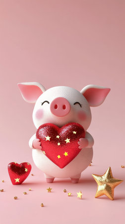 A charming pig is joyfully holding a large red heart against a soft pink background adorned with shimmering stars. This delightful scene evokes feelings of love and joy.の素材
