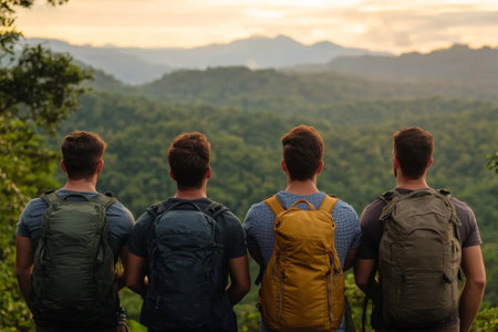 Five hikers stand together, backs to the camera, gazing at the lush green mountains and valleys in the distance. The scene captures a moment of awesome in natures beauty.の素材
