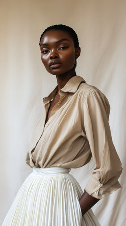 A model poses gracefully in a stylish beige shirt and flowing skirt against a soft background. Her confident expression highlights the beauty of contemporary fashion in a studio environment.の素材