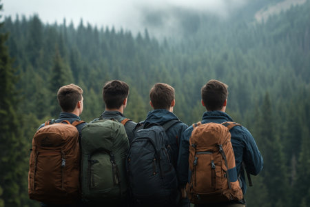Five hikers stand together, backs to the camera, gazing at the lush green mountains and valleys in the distance. The scene captures a moment of awesome in natures beauty.の素材