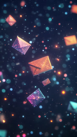 Envelopes in various shapes and colors drift through a magical space illuminated by sparkling lights. The background features a blend of vibrant hues creating a whimsical atmosphere.の素材