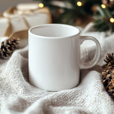 A white mug sits on a soft knitted blanket, adorned with pine cones and warm fairy lights in the background. The setting evokes a cozy atmosphere perfect for winter days.の素材