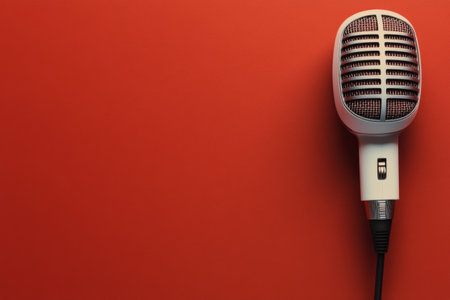 A classic microphone is positioned against a striking red backdrop, highlighting its silver details. This setup suggests a lively performance or recording session is about to begin.の素材