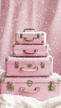 Stacked vintage pink suitcases rest on a snowy surface, surrounded by soft pink fabric drapery. Snowflakes gently fall, creating a whimsical winter atmosphere in a cozy indoor setting.の素材