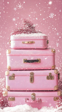 Stacked vintage pink suitcases rest on a snowy surface, surrounded by soft pink fabric drapery. Snowflakes gently fall, creating a whimsical winter atmosphere in a cozy indoor setting.の素材
